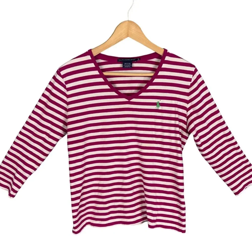 Ralph Lauren Sport Women's Striped V-Neck Top Pink White Size M Minimalist